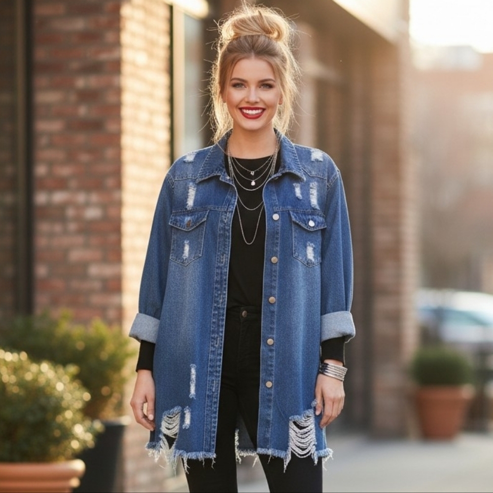 NWOT Distressed Denim Shacket Oversized Shirt Jacket Relaxed Fit Y2K Style